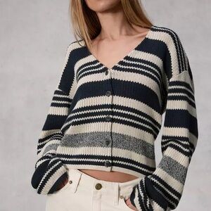 RAG & BONE Cyrus Striped Cropped Cardigan | Navy Cream | Size S | Quiet Luxury